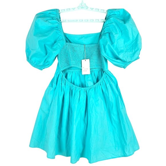 A New Day Women Smoked Open Back Turquoise Puff Sleeve Mini Dress Size Small NWT - Picture 3 of 11